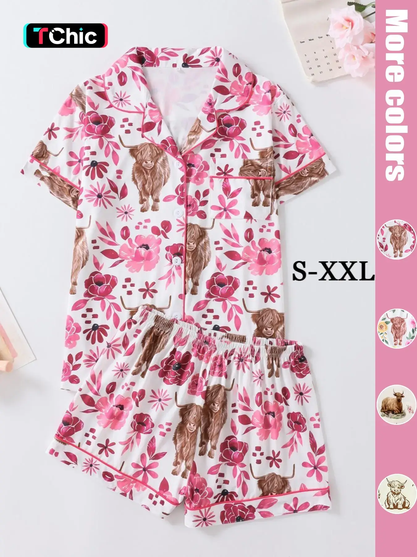 Women's 2-Piece Pajama Set, All over Print, Floral, Fitted Style, Short Sleeve Top with Button Neck, Comfortable Loose Shorts, Sweet Cool Sleepwear, Home Loungewear, Matching Nightwear Set