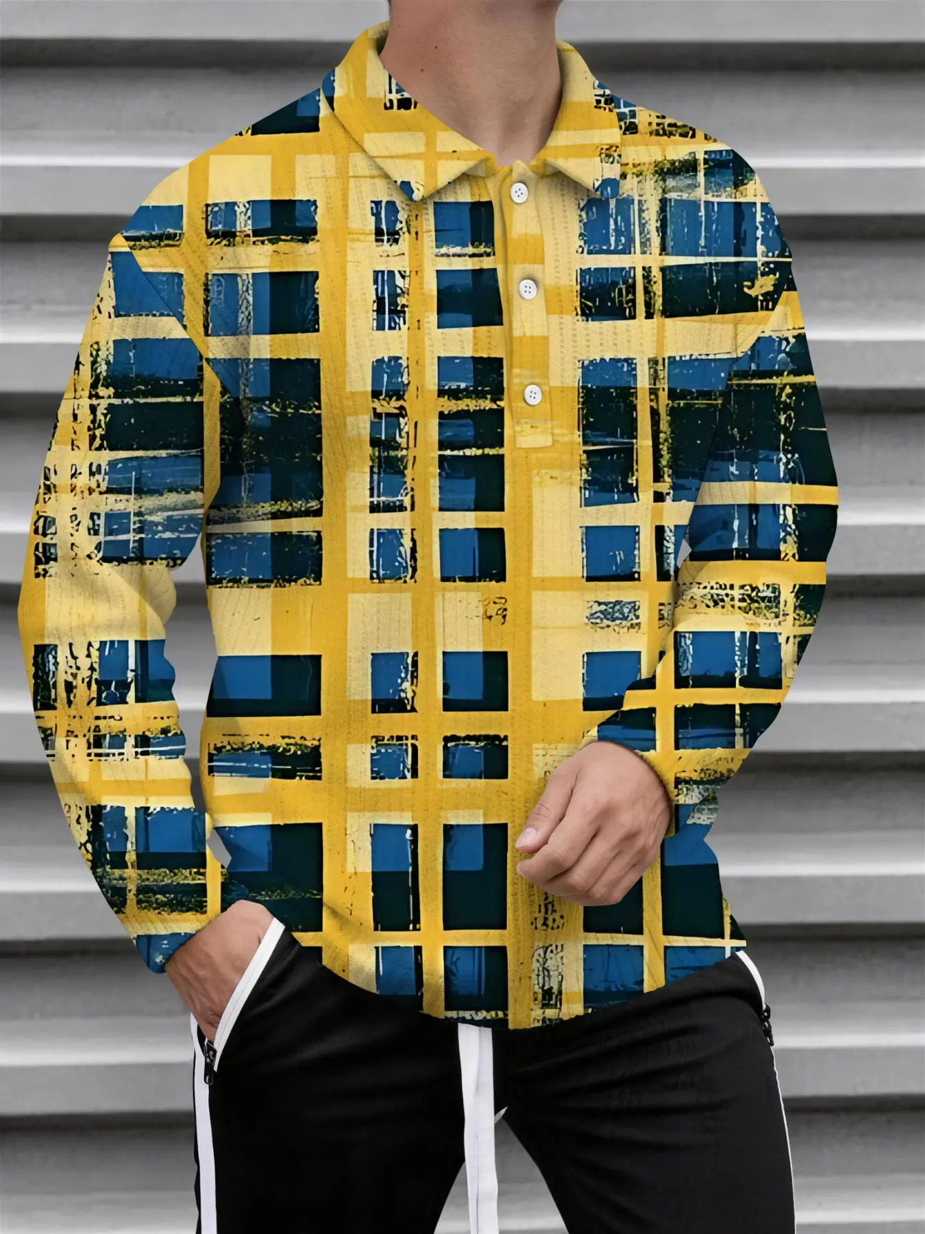 Men's Plaid Long Sleeve Polo Shirt, Fashion Casual Knit Top, Classic, Versatile Multi-Scene Wear