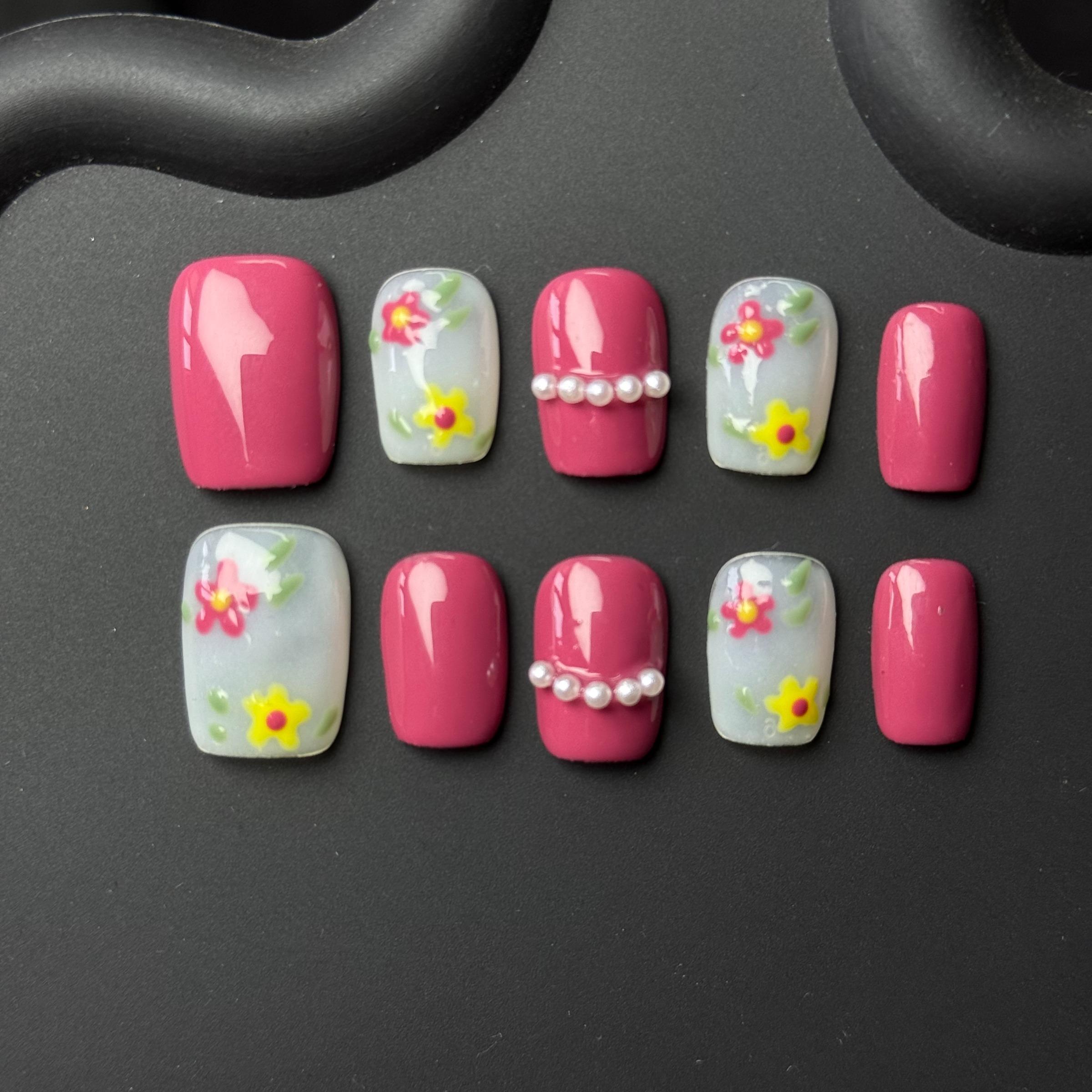 Luxury Nail Freedom! Raspberry Red Exquisite Hand-Painted Flower Press On Fake Nails, Reusable, Get Gentle Fairy Nails In 5 Mins, No Salon Needed