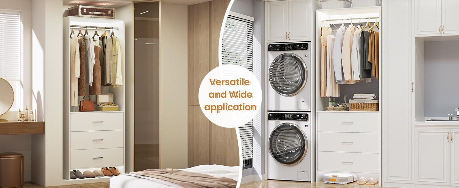 24" Wood Wardrobe with 3 Drawers, 600lb Capacity Freestanding Wardrobe Organizer, Anti-Tip Kit Included, for Bedroom Storage, in White/Black/White Oak/Grey