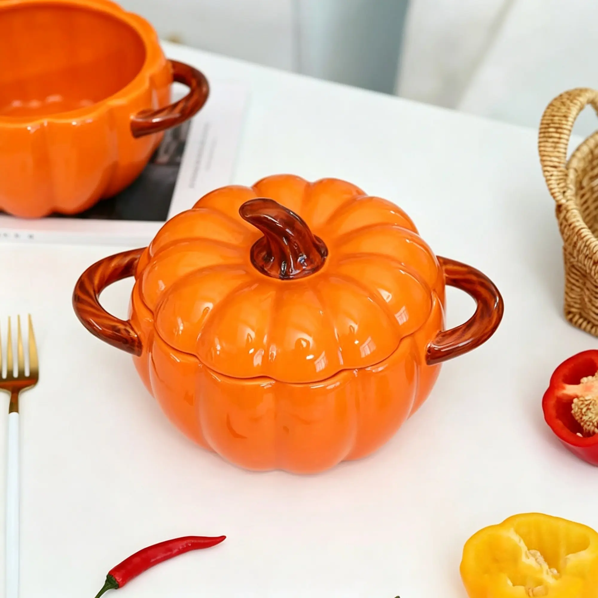Ceramic Pumpkin Pot, 54oz/17oz Options, Halloween Cooking Pot, Unique Pumpkin Shape, Perfect for Festive Meals, Durable Ceramic Material