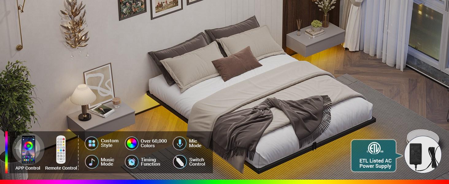 Hasuit Floating Metal Bed Frame with LED Lights Metal Platform Bed No Box Spring Needed Black Six Sizes