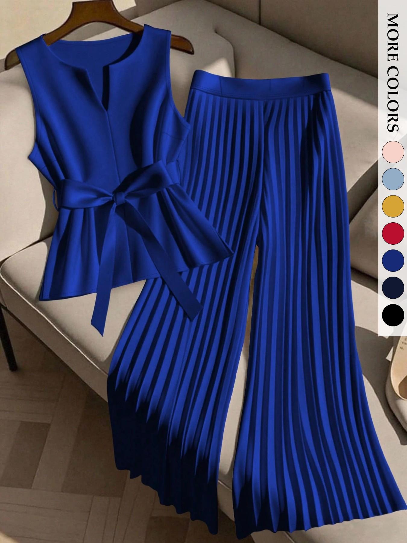 Women's Plus Size Trendy Chic Fashion 2 Piece Outfit, Sleeveless Top & Pleated Wide Leg Pants Set, Tie Waist V-Neck Plisse Flowy Elegant Office Workwear