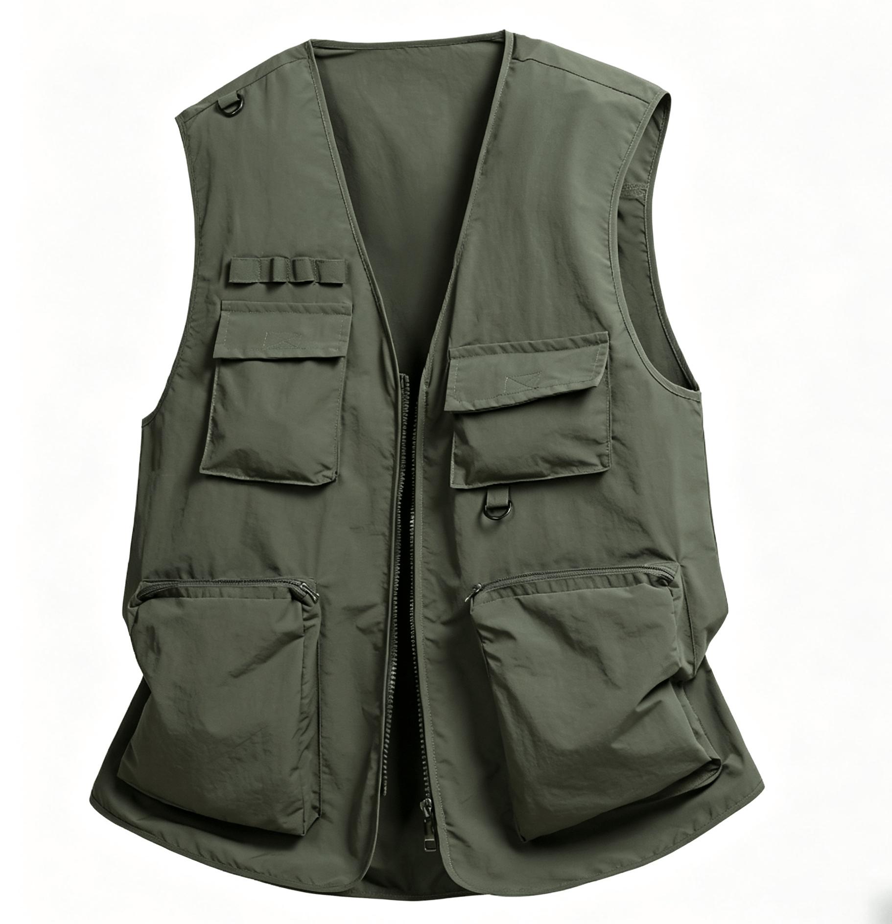 Men's Lightweight Tactical Waistcoat - Casual Polyester Slim-Fit Sleeveless Outerwear with Multi-Pockets, Zip-Up Closure for Outdoor, Streetwear Menswear Tops