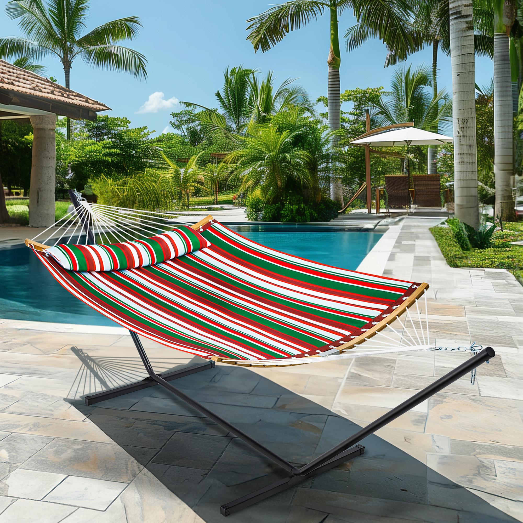 SUPERJARE Hammock with Stand, 2 Person Heavy Duty Hammock with Padded Cotton, Detachable Pillow & Strong Curved-Bar & Portable Carrying Bag, Perfect for Outdoor & Indoor