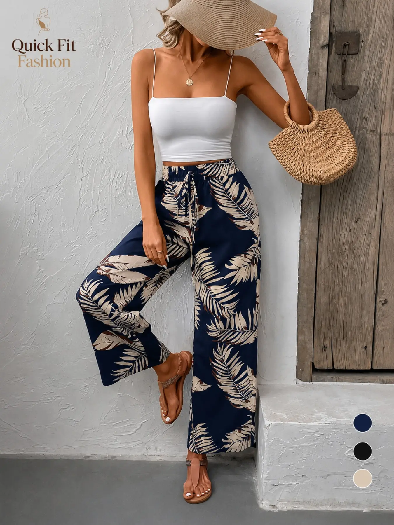 Women's Leaf Print Wide Leg Trouser Pants, Tropical Vacation Pants, Drawstring High Waist Loose Fit, Summer Beach Resort Long Pants with Pockets