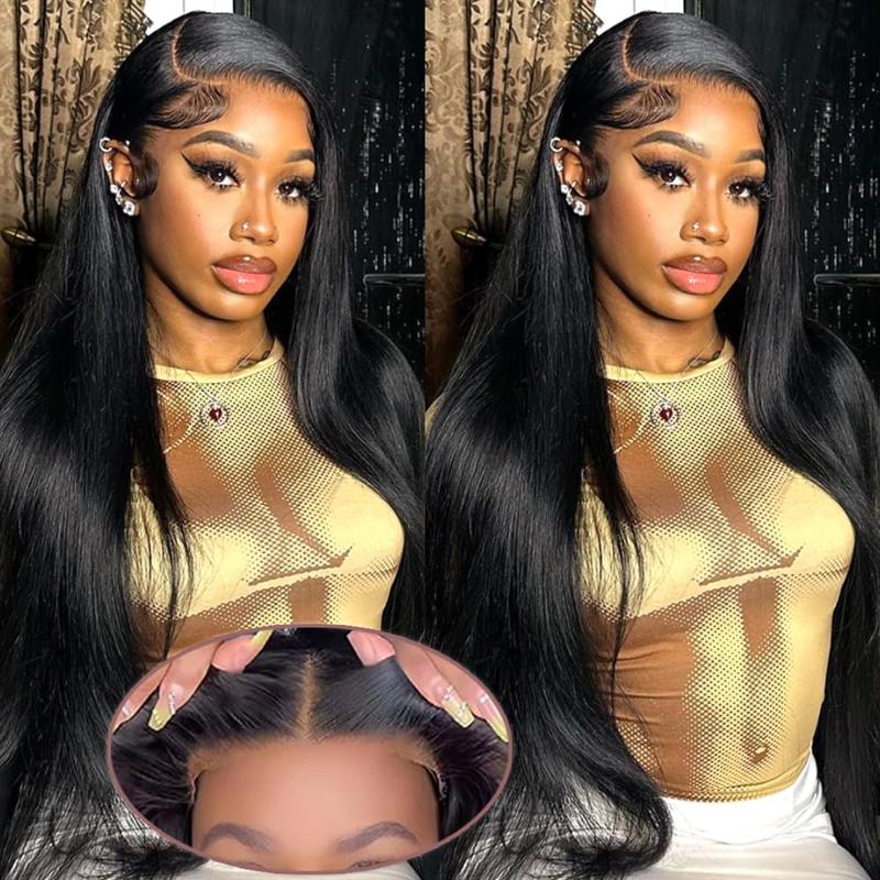 Glueless Straight Human Hair Wig With Bangs 180% Density 6X4 Lace Closure Wigs Middle Part Lace Wear And Go Wigs For Women Brazilian Smooth Hair Hd Transparent Lace Wigs
