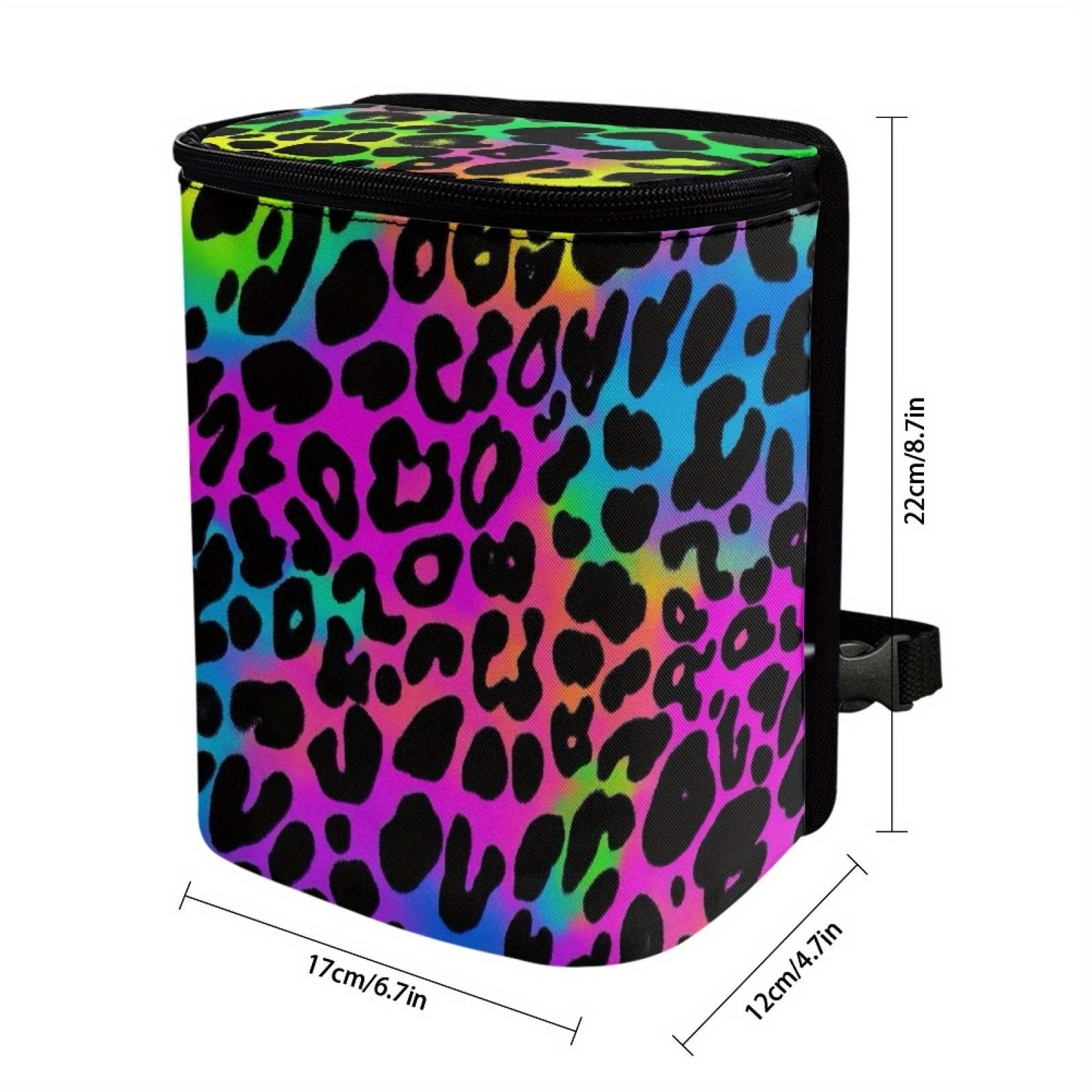 Colorful Leopard Print Polyester Car Trash Can with Zipper Lid, Adjustable and Foldable, Portable Vehicle Bin, Multi-Purpose Storage