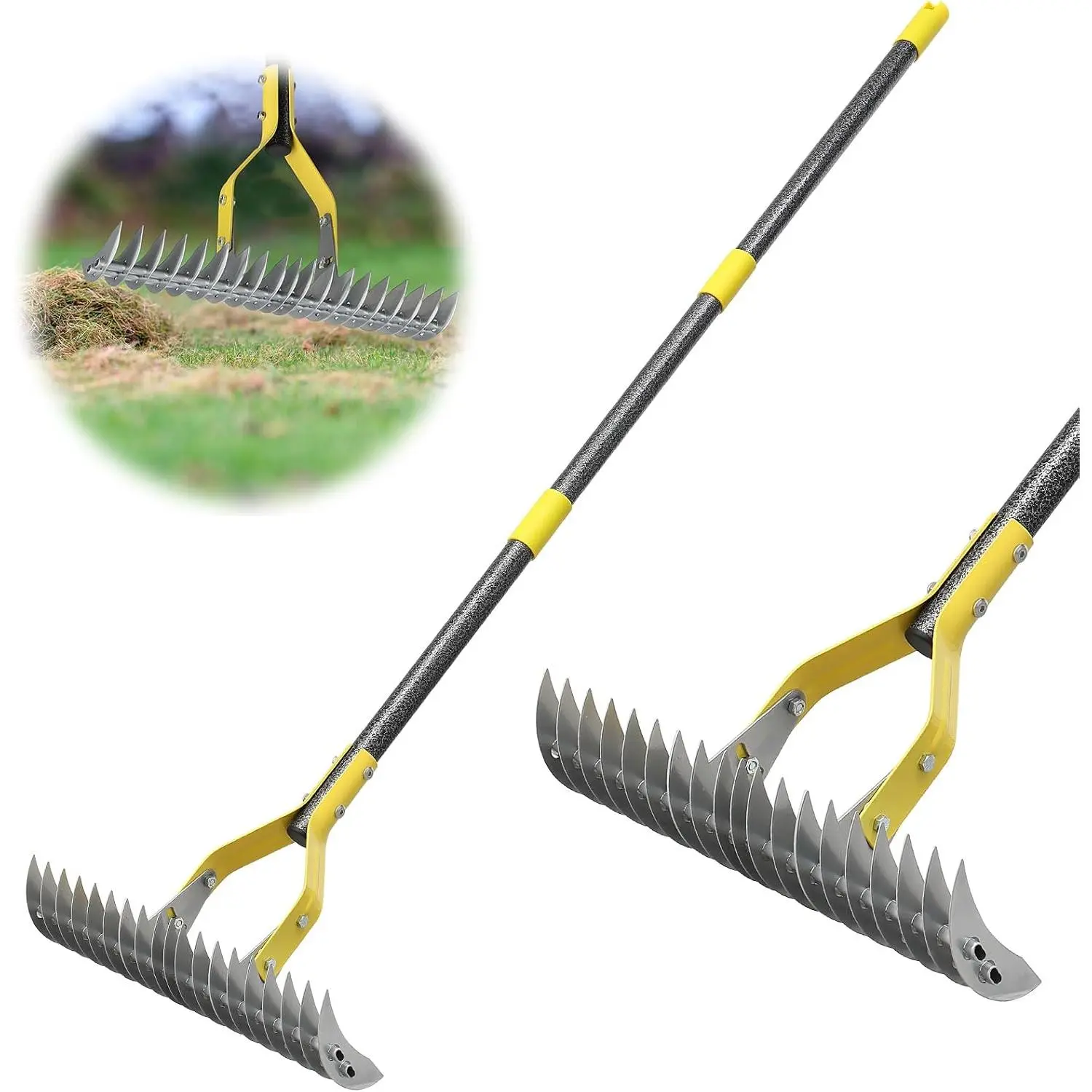 Thatch Rake, 2-in-1 Lawns Manual Dethatcher with Adjustable , 55" Heavy Duty Metal Dethatching Rake Garden Tools, 19-   for Yard  Grass, Moss Removal, Soil Loosening