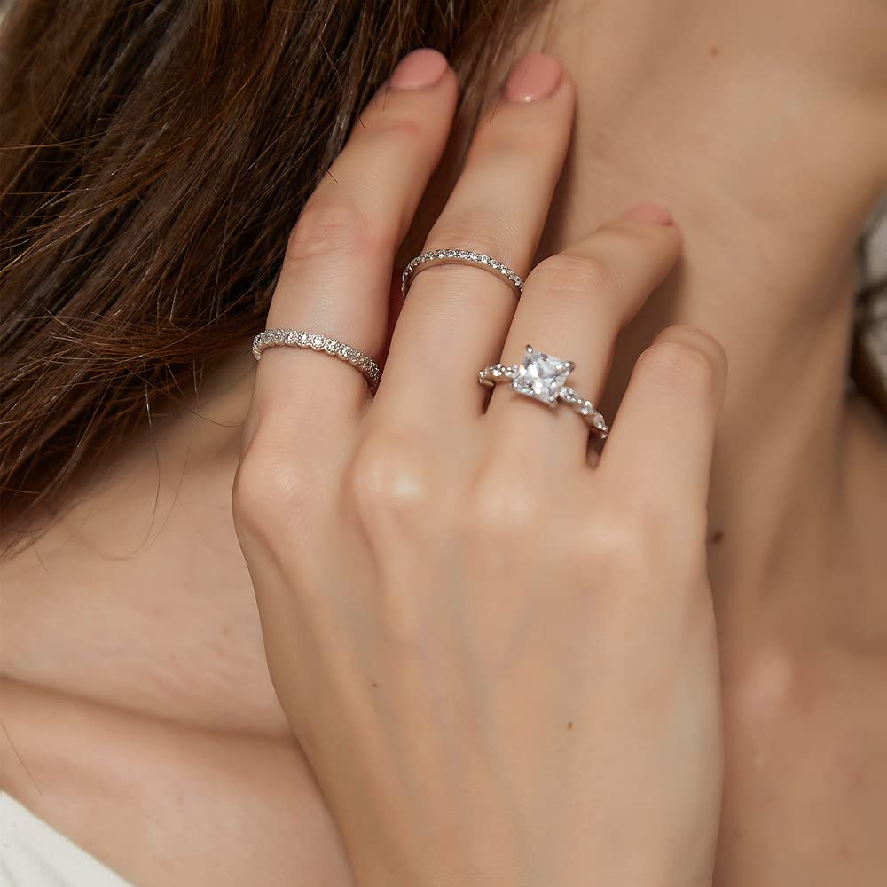 EAMTI 2mm 925 Sterling Silver Wedding Band Cubic Zirconia Half Eternity Stackable Engagement Ring