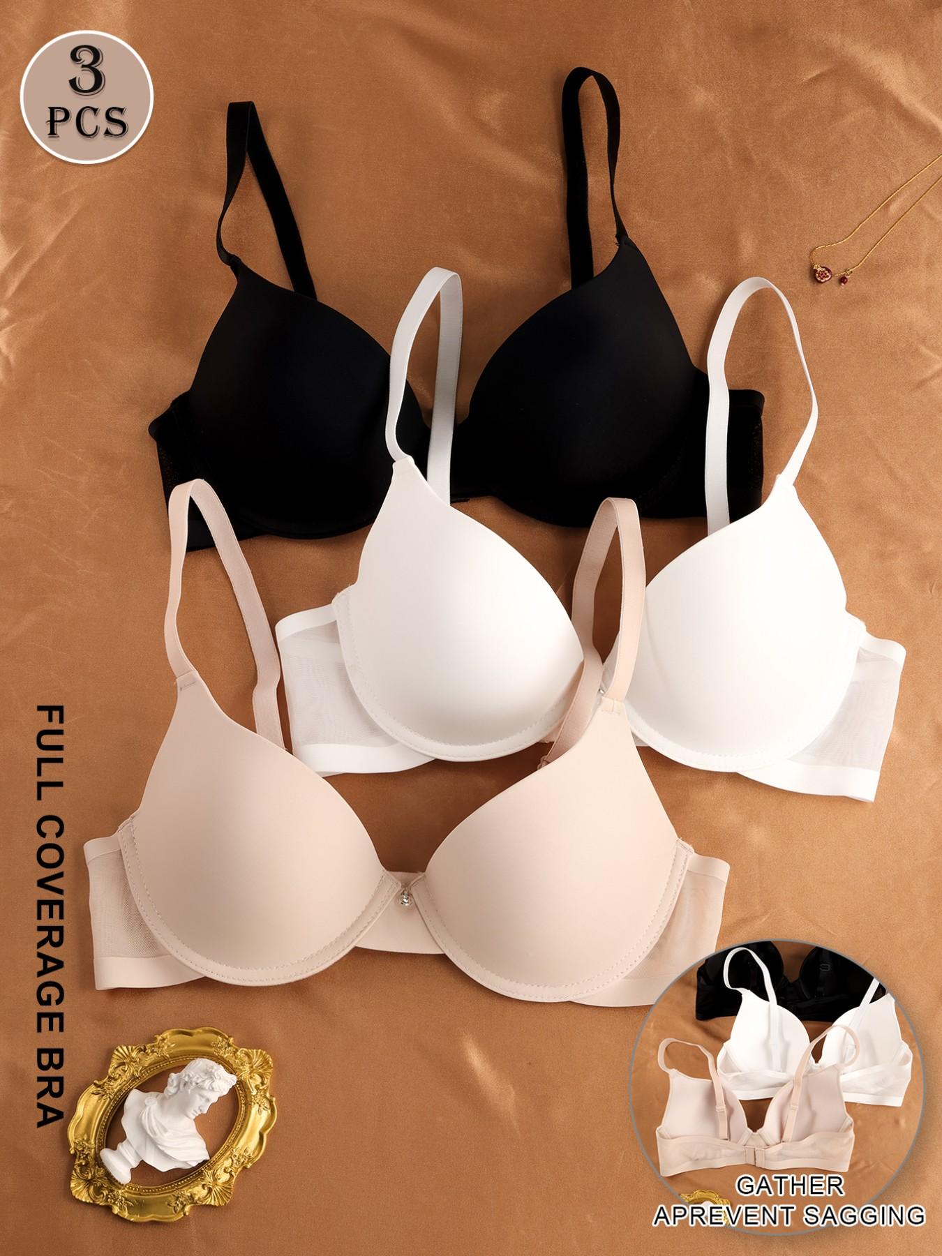 💥3 Pack Women's Full Coverage Seamless Smooth Underwire Bras, Push Up Side Support Anti-Sagging Shaping Fit Bra, Breathable Mesh Wings Adjustable Straps, Skin-Friendly No Pinch Daily Wear Classic Elegant 3 Colors Everyday Bras✨