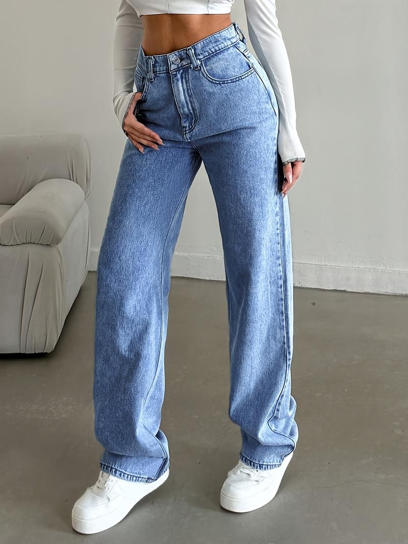 Women's High Waist Straight Leg Jeans, Casual Fashion Street Style Denim Jeans, Slim Fit Long Jeans for Fall & Winter