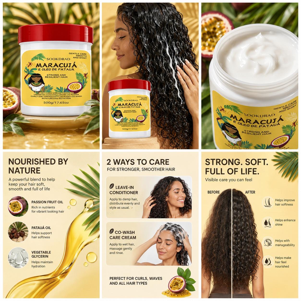 Maracuja Pataua Oil Hair Cream, Hair Care 2in1 Leave-In, Curly Girl Approved, Co-Wash Friendly, Moisturizing Nutrition, Strong Resilient Hair, Smooth Shiny Curls, Curly Hair Products