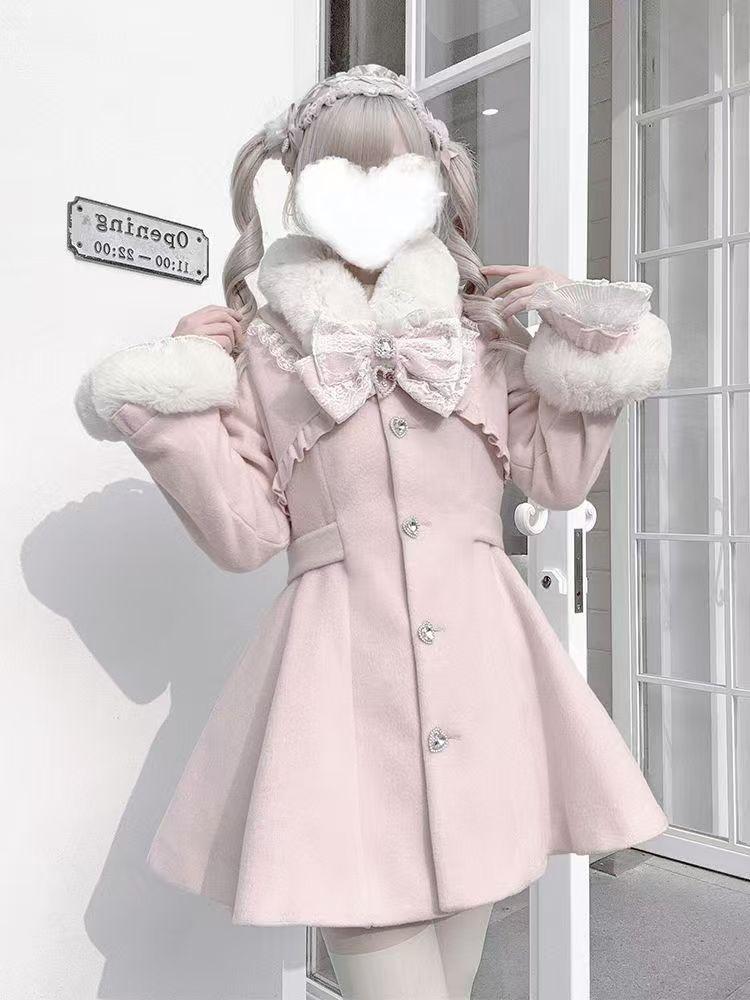 Winter Design Fashion Elegant Pink Slim Woolen Cloth Coat Women Kawaii Sweet Warm Fur Collar Bow Lace Patchwork Casual Overcoat