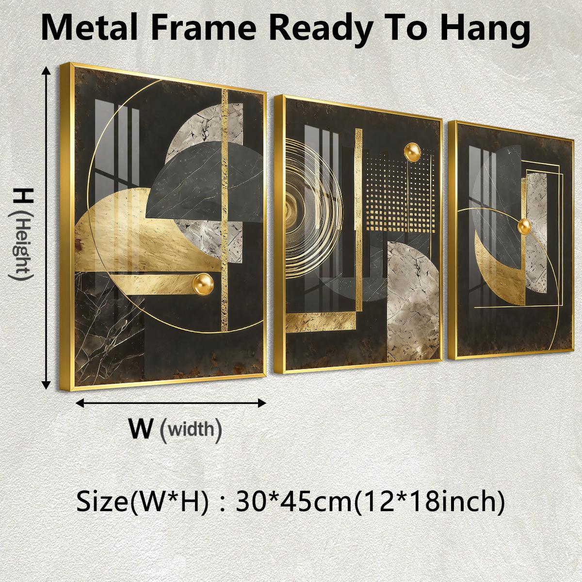 3 Counts Aluminum Alloy Framed Painting, Abstract Geometric Gold And Black Art Pictures, Home Decoration For Living Room, Bedroom, Office, Restaurant, Hallway Wall Decor, Odorless Print Artwork, Luxury Perfect Gift For Friends And Family
