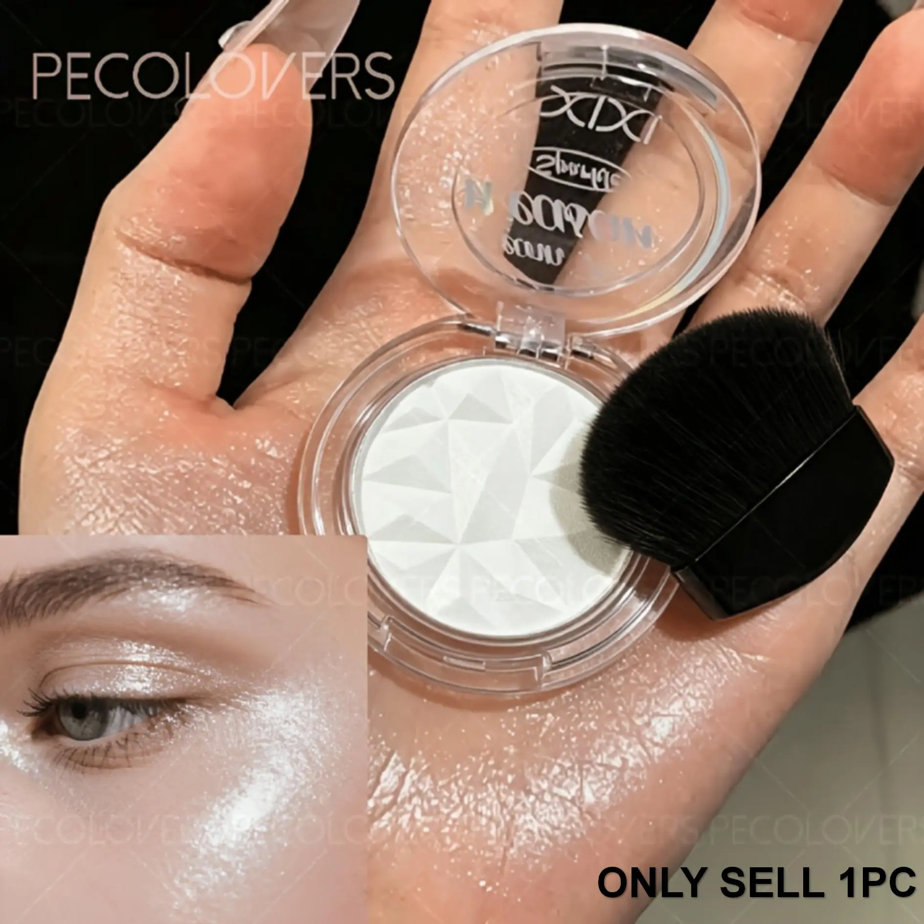 1PC Highlighter Makeup Palette & Brush Set, Champagne Pink Gold Shades + Dual-Ended Brush, Natural Bouncy Glow, Buildable Shimmer, Perfect for All Skin Tones