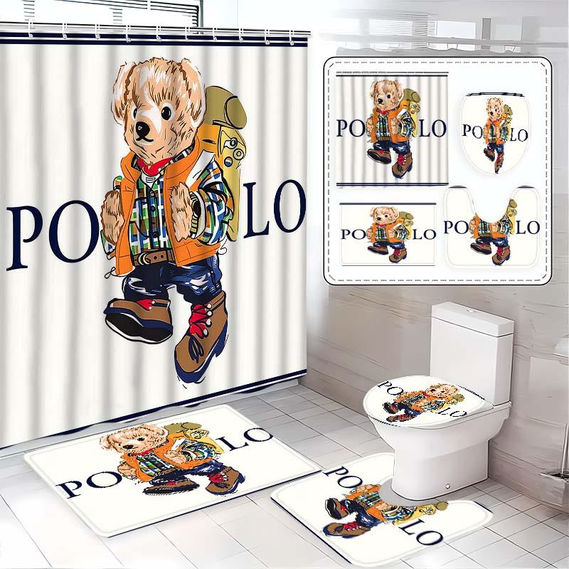 Polo Fashion Bear Shower Curtain Set, Bathroom Decor Accessories with 12 Hooks, Non-Slip Bath Mat and U-Shaped Toilet Lid Cover