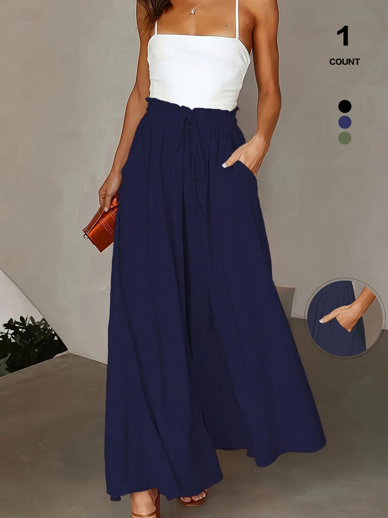 Women's Wide Leg Pants, Casual Loose Fit High Waist Drawstring Palazzo Trousers with Pockets, All Season Comfortable Design 2026 Casual Fashion Trousers