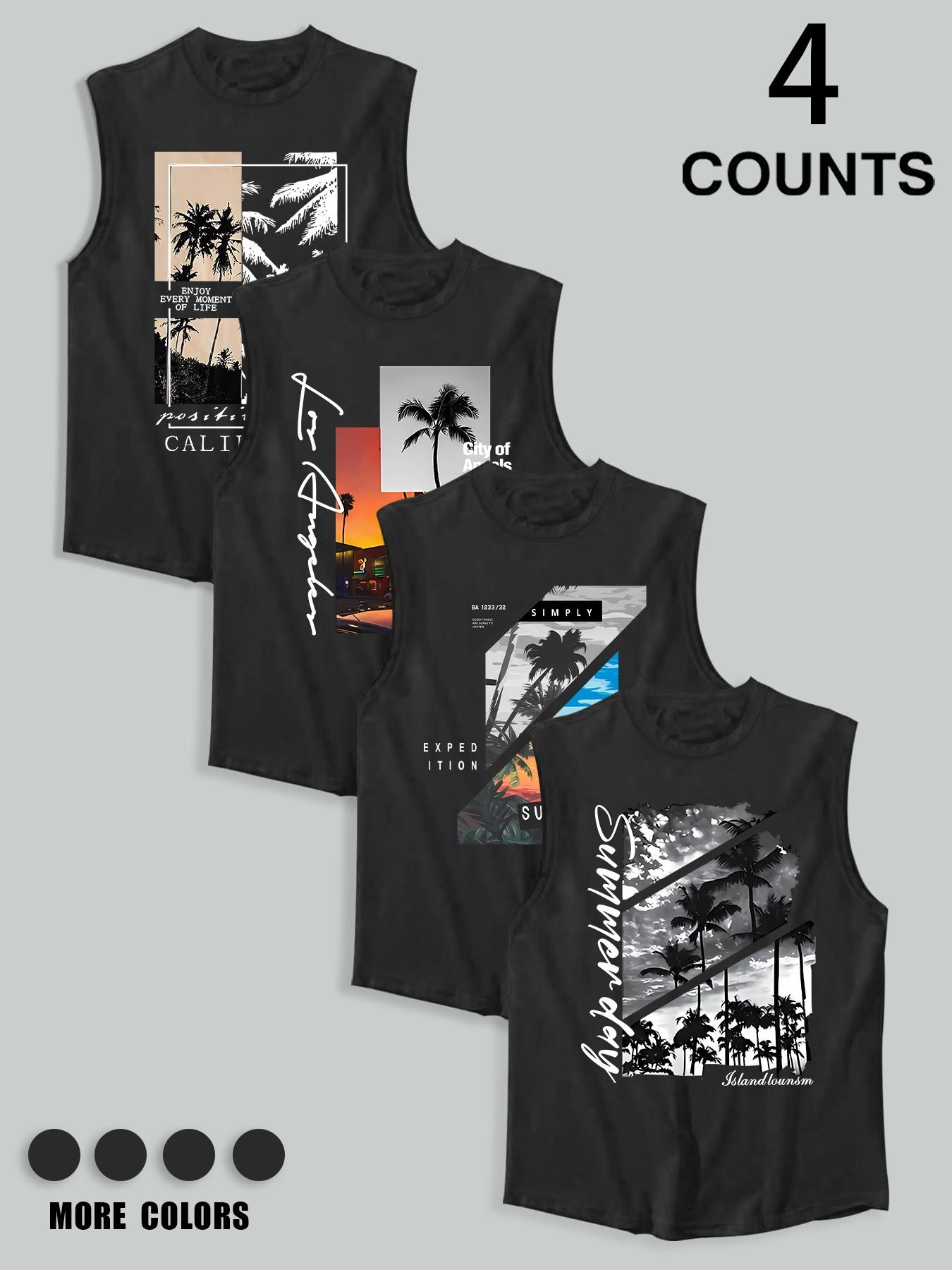 Men's 4-Pack Palm Tree & City Scene Graphic Sleeveless Tank Tops, Summer Vacation Casual Athletic Vests, Beach Streetwear #SummerStreetwear #PalmTreeTank #BeachWear #MensAthleticWear #TikTokMadeMeBuyIt