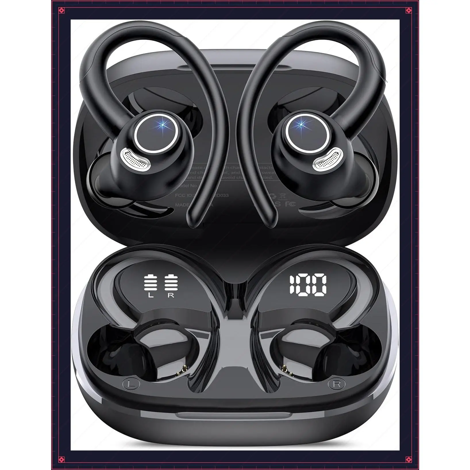 Bluetooth 5.4 Wireless Earbuds with Earhooks, ENC Mic Noise Cancelling, 48H Battery, Stereo Deep Bass, IP7 Waterproof Sport Earphones for Workout Running, BlackGift