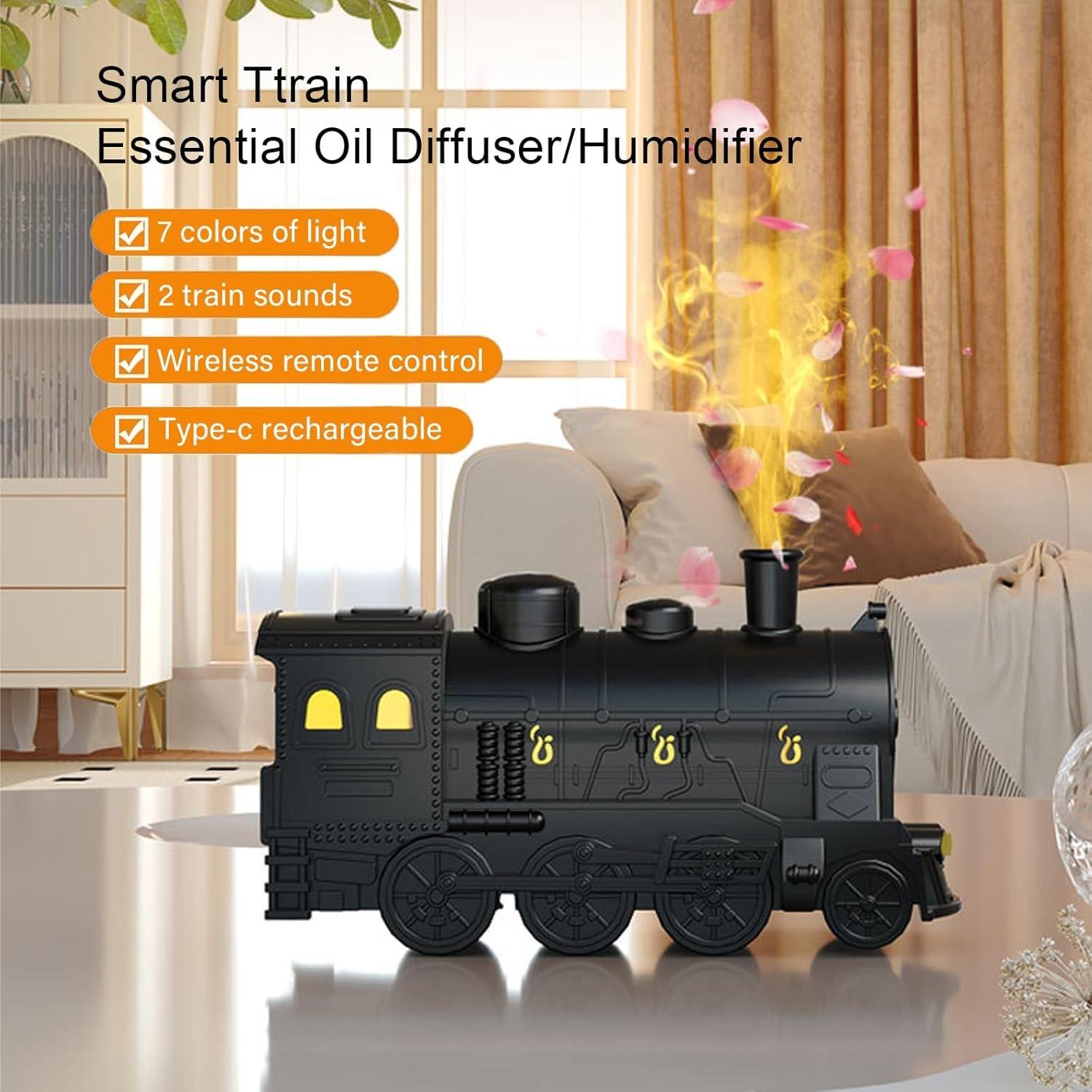 Essential Oil Diffuser, Steam Train Aromatherapy Diffuser， 300 ml Retro Train Humidifier, with 7 Colors Light 2 Mist Modes, Simulate Train Sound，Bedroom Home Office(Black)
