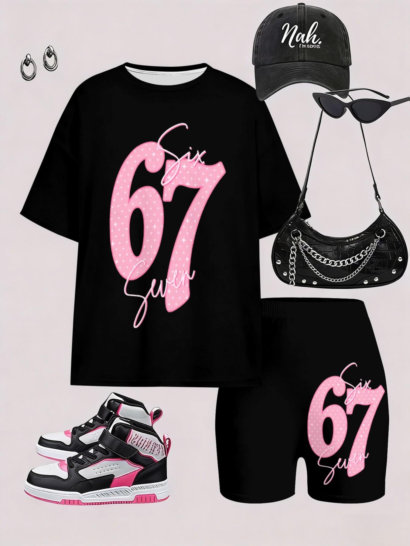 Korean Style Girls Pink Dot 67 Number Short Sleeve & Biker Shorts Set Summer Loose Comfortable Kids 2Pcs