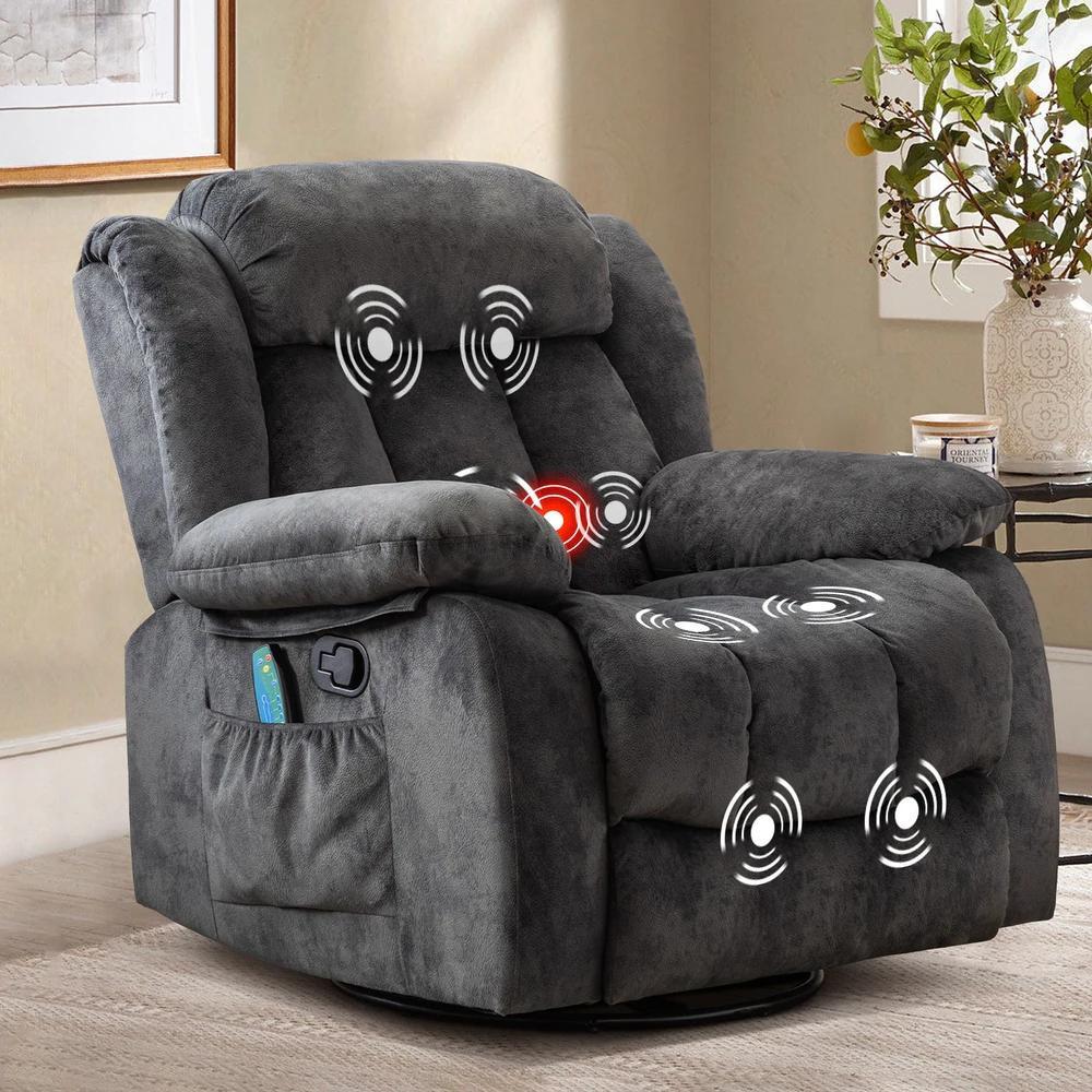 Ebello 35" Wide Massage Recliner Chair with Heat & Vibration, 360° Swivel & Manual Rocker, Grey Upholstered Chair for Living Room & Home Relaxation