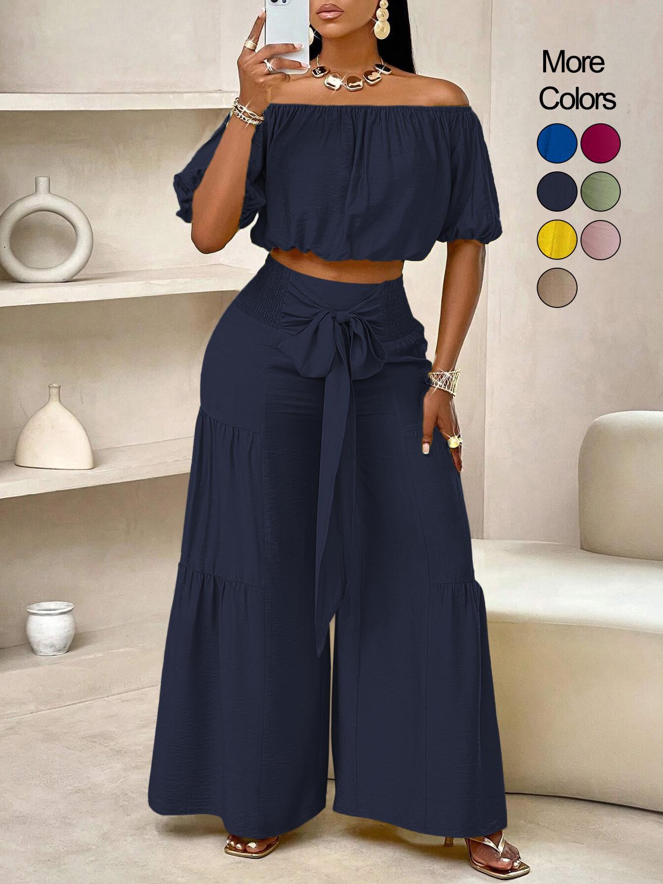 Summer Beach Vacation Bow Shoulderless Round Neck Shirt Wide Leg Pants Set, Casual Plain Design, All Seasons Wear, Women's Fashion