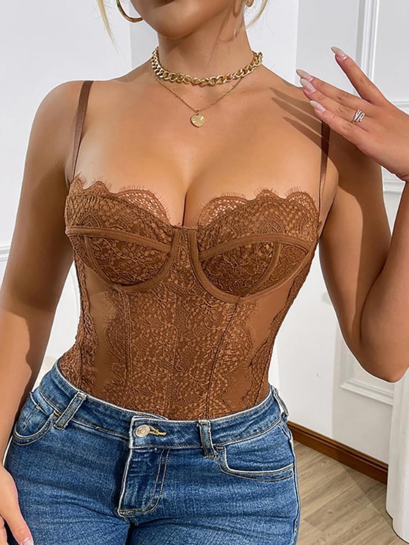 WindShape 1pcs Solid Color Lace Patchwork Bodysuit with Steel Ring Transparent Inner Tank Top Hollow Out Design Y2K Fishbone Style
