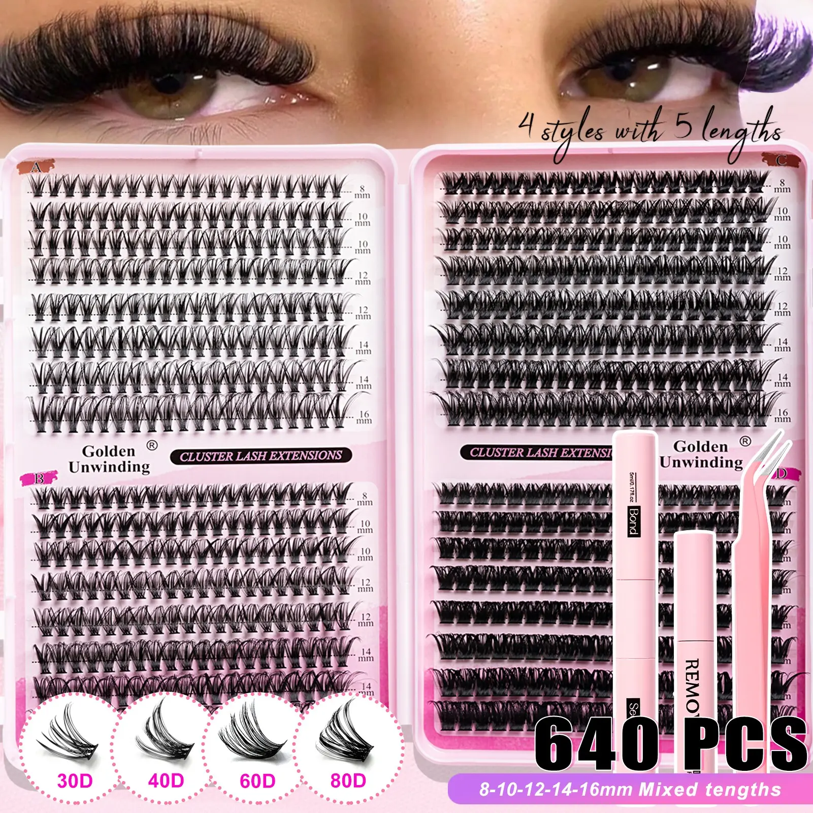 False Eyelash Extension Kit, 30D/40D/60D/80D, Includes Glue, Tweezers, Remover, D Curl, Fluffy, Non-Toxic, DIY, Daily Use, Gift