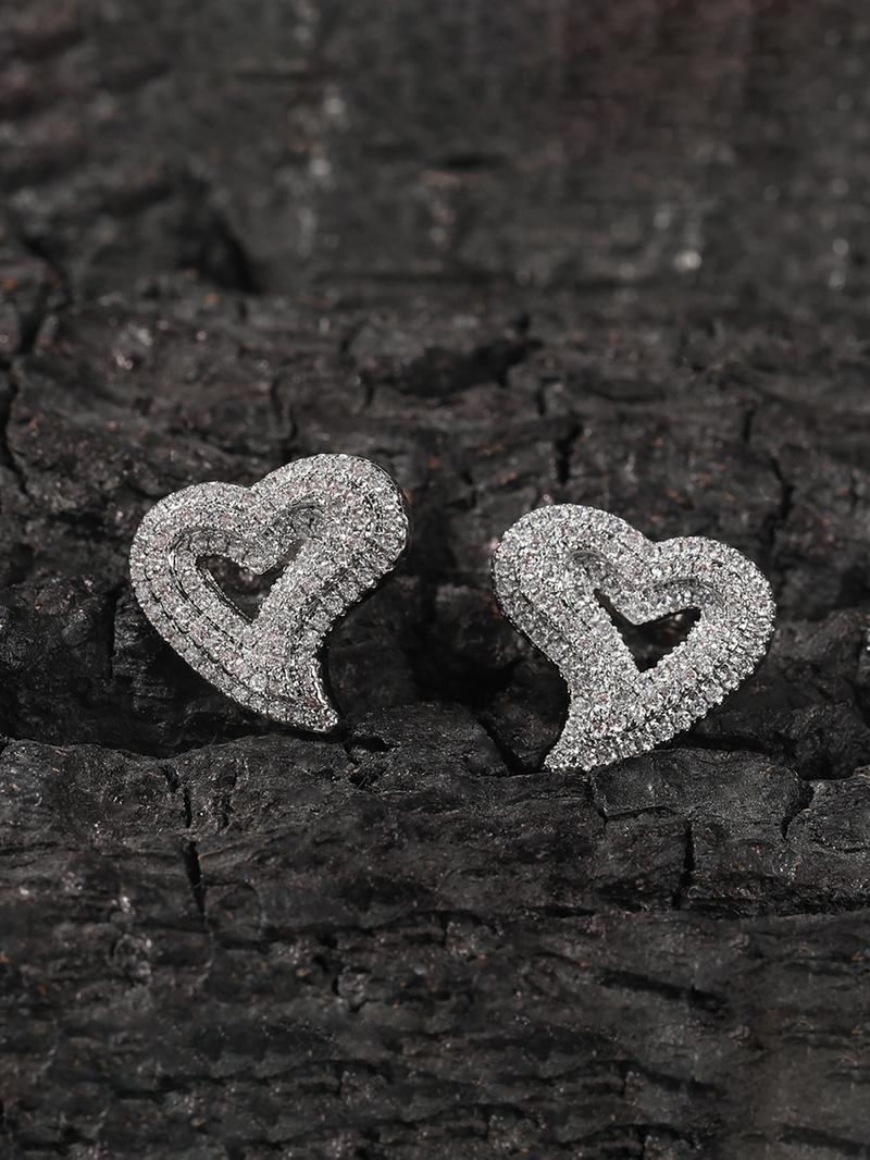 1 pair Silver - Tone Copper Twisted Heart Shaped Earrings: Pave - Set CZ, Cubic Zirconia, Chic Asymmetric Design for Daily Glam & Date Nights