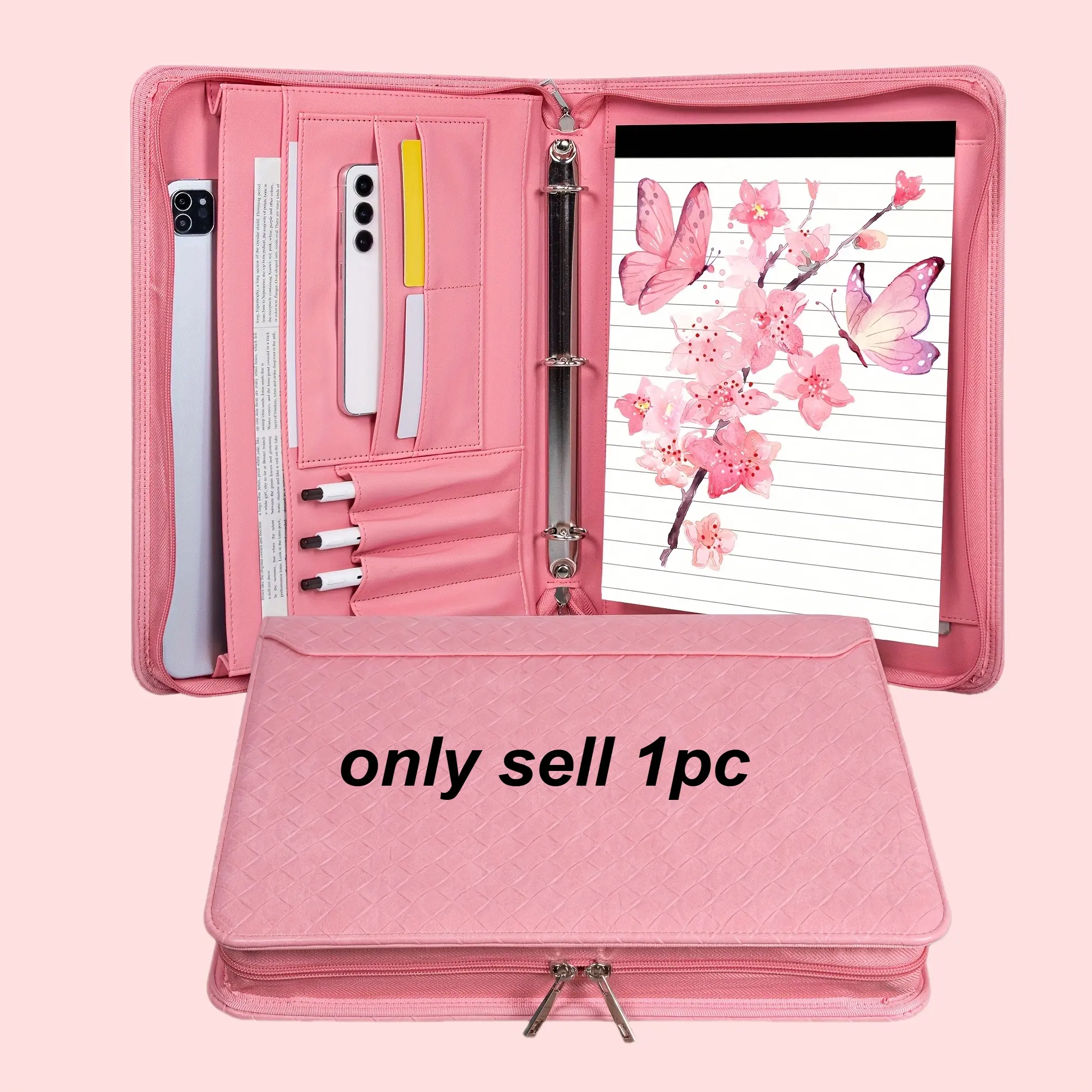 Fashion pink women's notebook, PU leather binder with zipper, 3-ring folder with pen holder, A4 folder with notebook pocket, Document Organizer Binder
