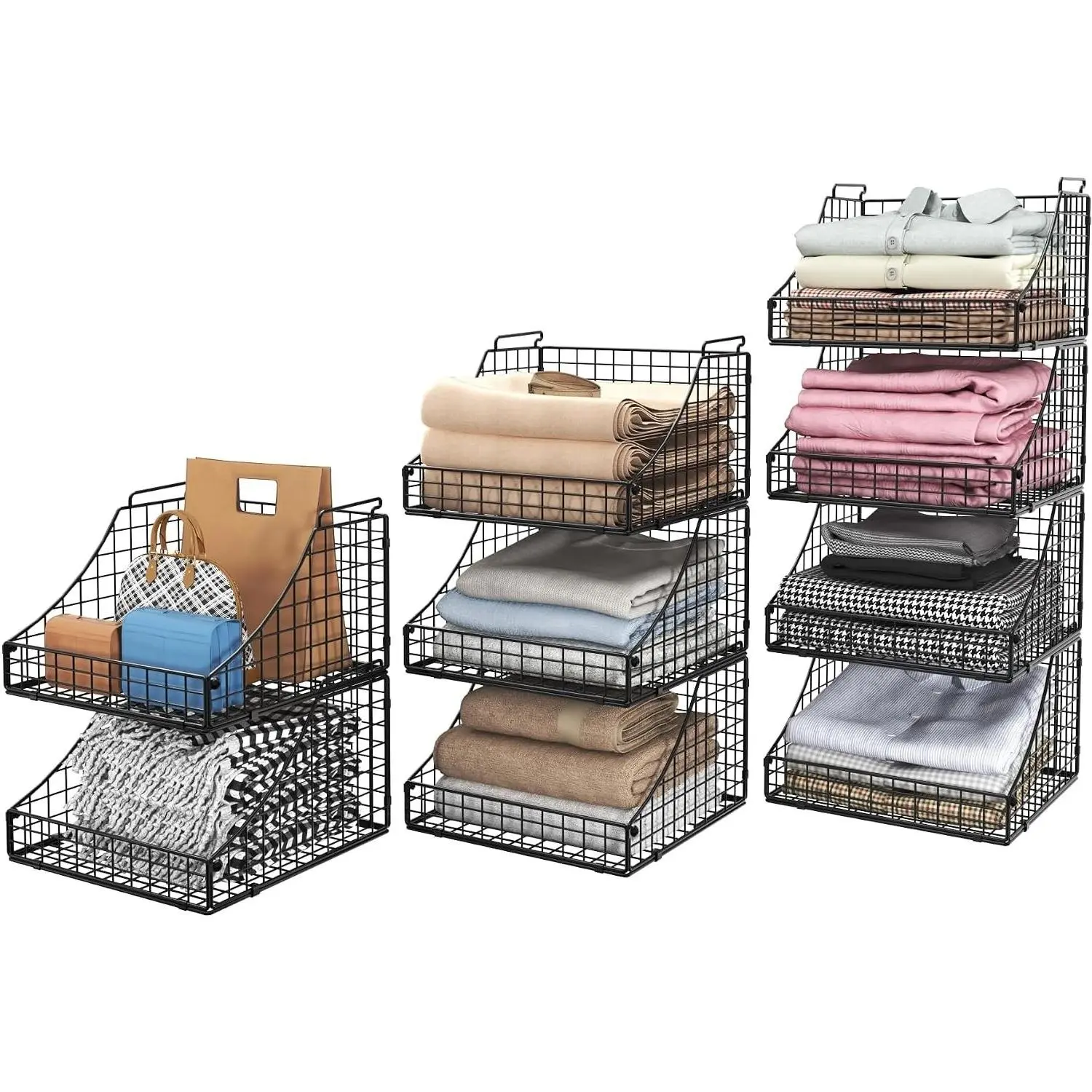 4-Pack Stackable Wire Baskets for Closet Storage, Open Bins for Clothes, Toys, Snacks, Rustic Metal Organizer Shelves, BlackGift