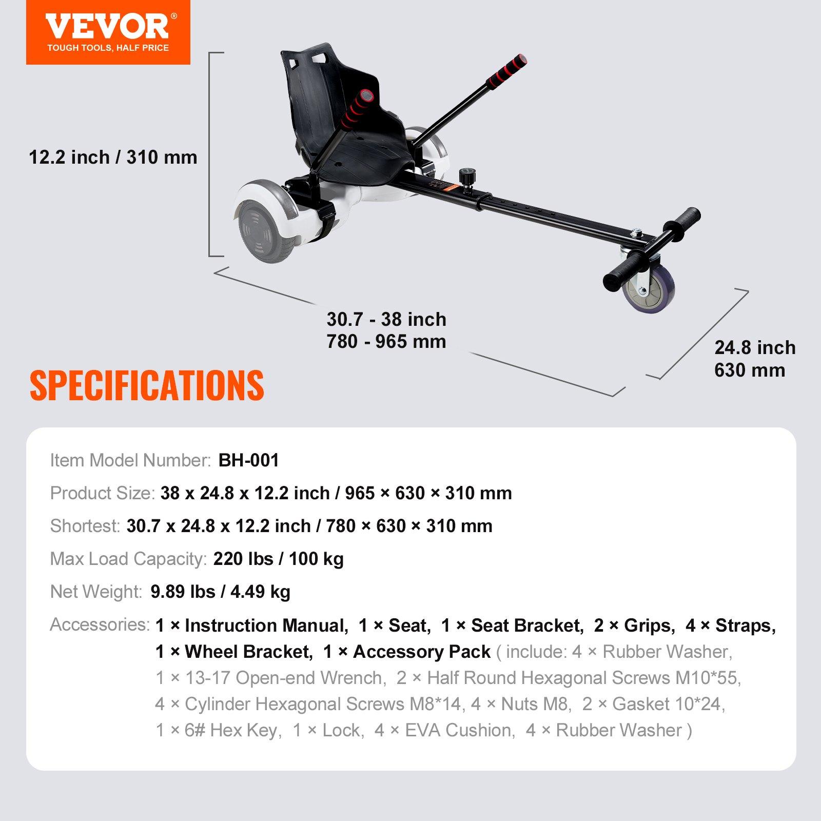 【Summerfinds】VEVOR Hoverboard Seat Attachment(Not included hoverboards), Compatible with All 6.5" 8" 8.5" 10" Hoverboards, Grips Control, Adjustable Frame Length and 220 LBS Load Capacity, Hover Board Go Karts Ac