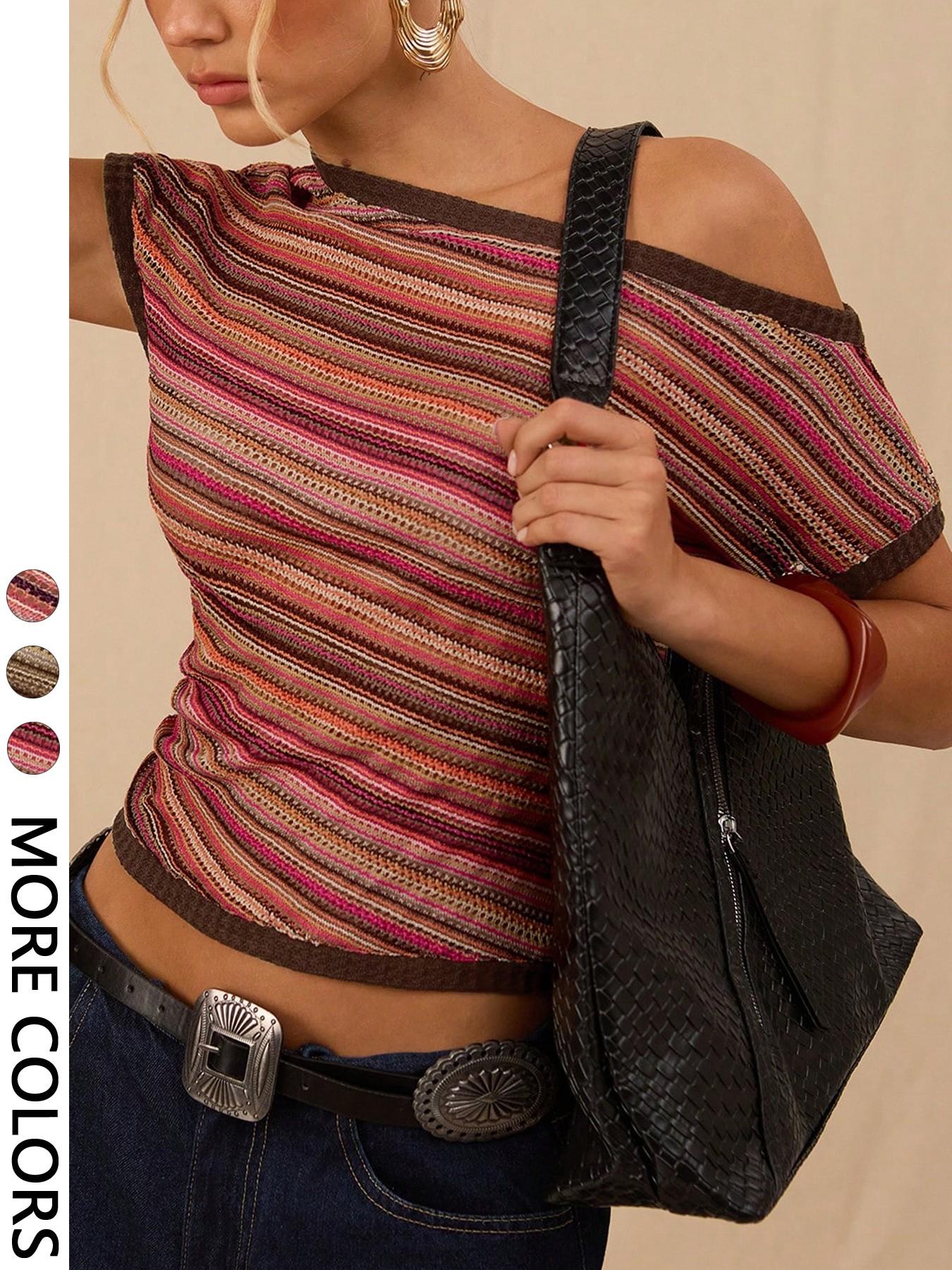 Women's Casual Striped Top Fitted T-Shirt, Stylish Ladies' Fashion Tee, Comfortable and Trendy, Perfect for Daily Wear