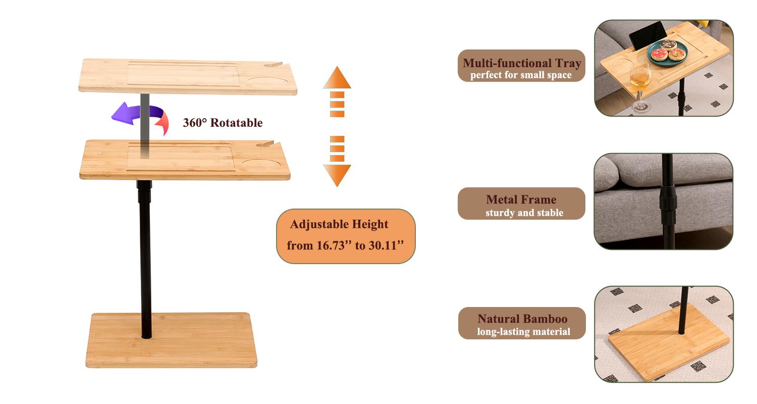Bamboo Couch Tray Table with Height Adjustable, C-Shaped End Table with Slots, 2-Tier Sofa Side Table for Living Room & Bedroom (Rectangle + Rectangle) Bamboo Couch Tray Table with Height Adjustable, C-Shaped End Table with Slots, 2-Tier Sofa Side Table for Living Room & Bedroom (Rectangle + Rectangle)