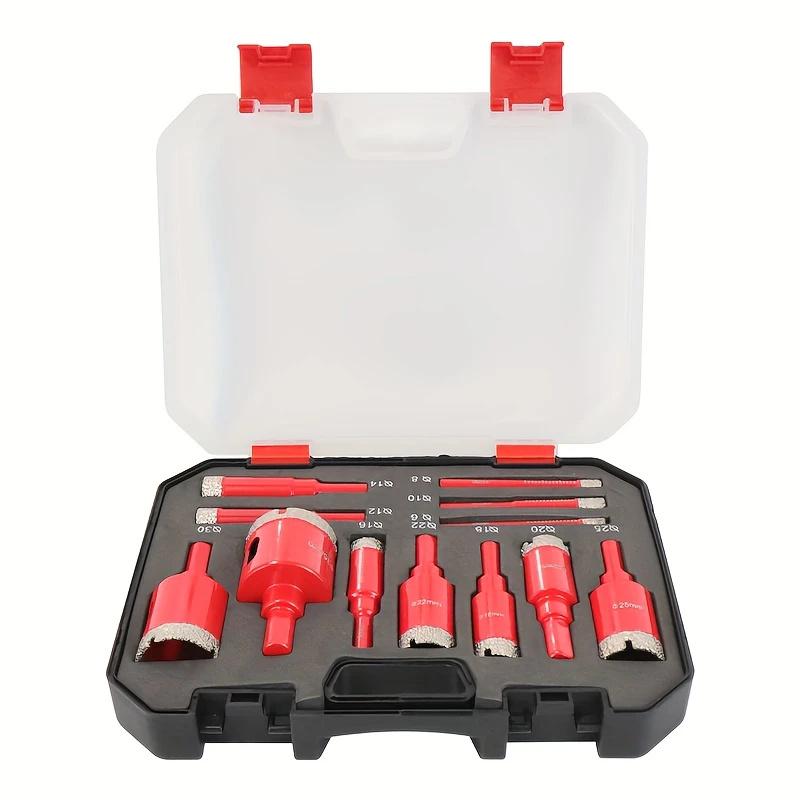 12-piece diamond welding red dry drill bit set to achieve efficient and convenient diamond coating, suitable for granite, marble, full-size glass tiles and ceramics, Masonry Drill Bit Diamond Drilling Bits