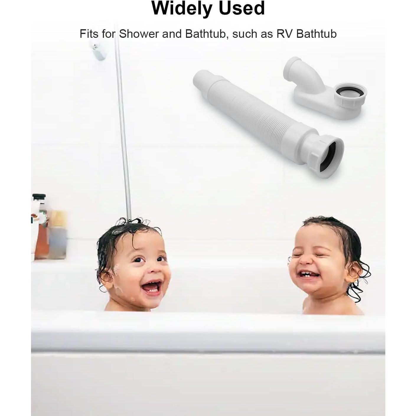 Bathtub Shower Drain Pipe, Low Profile Flat 1 1/2 P  Kit, Flexible Freestanding Tub Drain for Bath White
