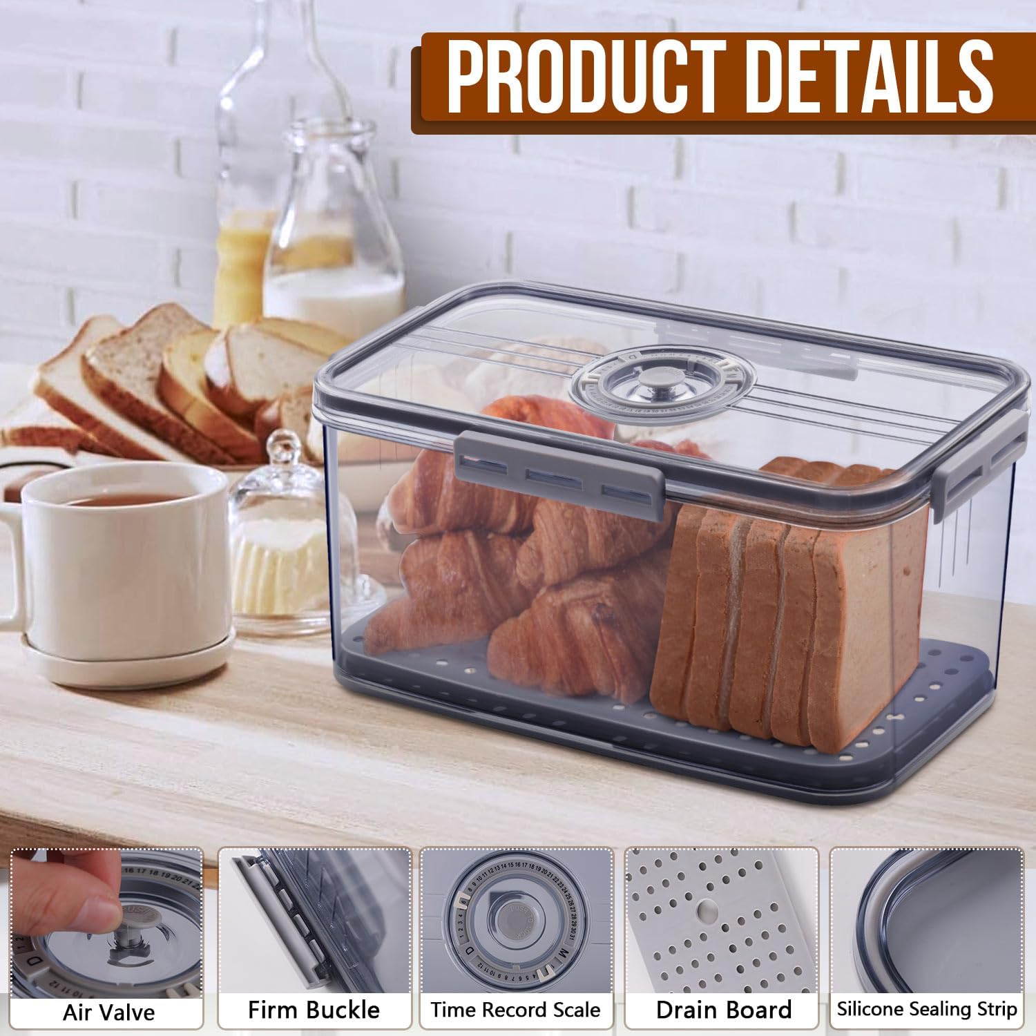 Bread Box for Kitchen Counter Airtight, Time Recording Bread Storage Container with Lid, Bread Keeper for Homemade Bread, Toast, Bagel, Donut and Cookies, Sealed Bread Box