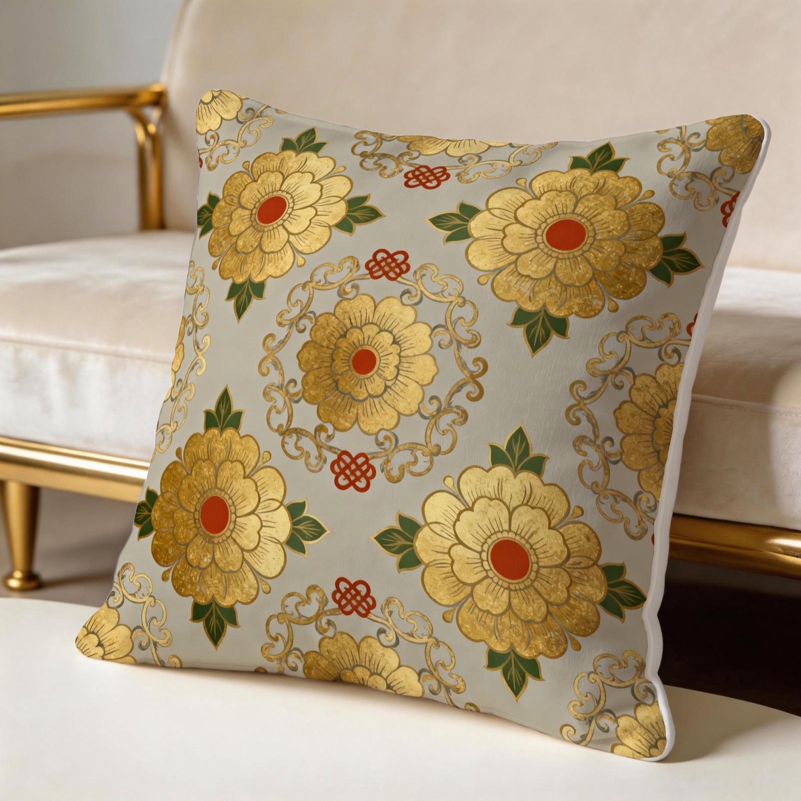 1 Pack 18×18 Inch Vintage Floral Pattern Throw Pillow, Classic Asian Style Decorative Accent Pillow, HD Digital Print Non-Fading Soft Decorative Cushion with Invisible Zipper for Couch, Sofa, Bed, Living Room and Bedroom