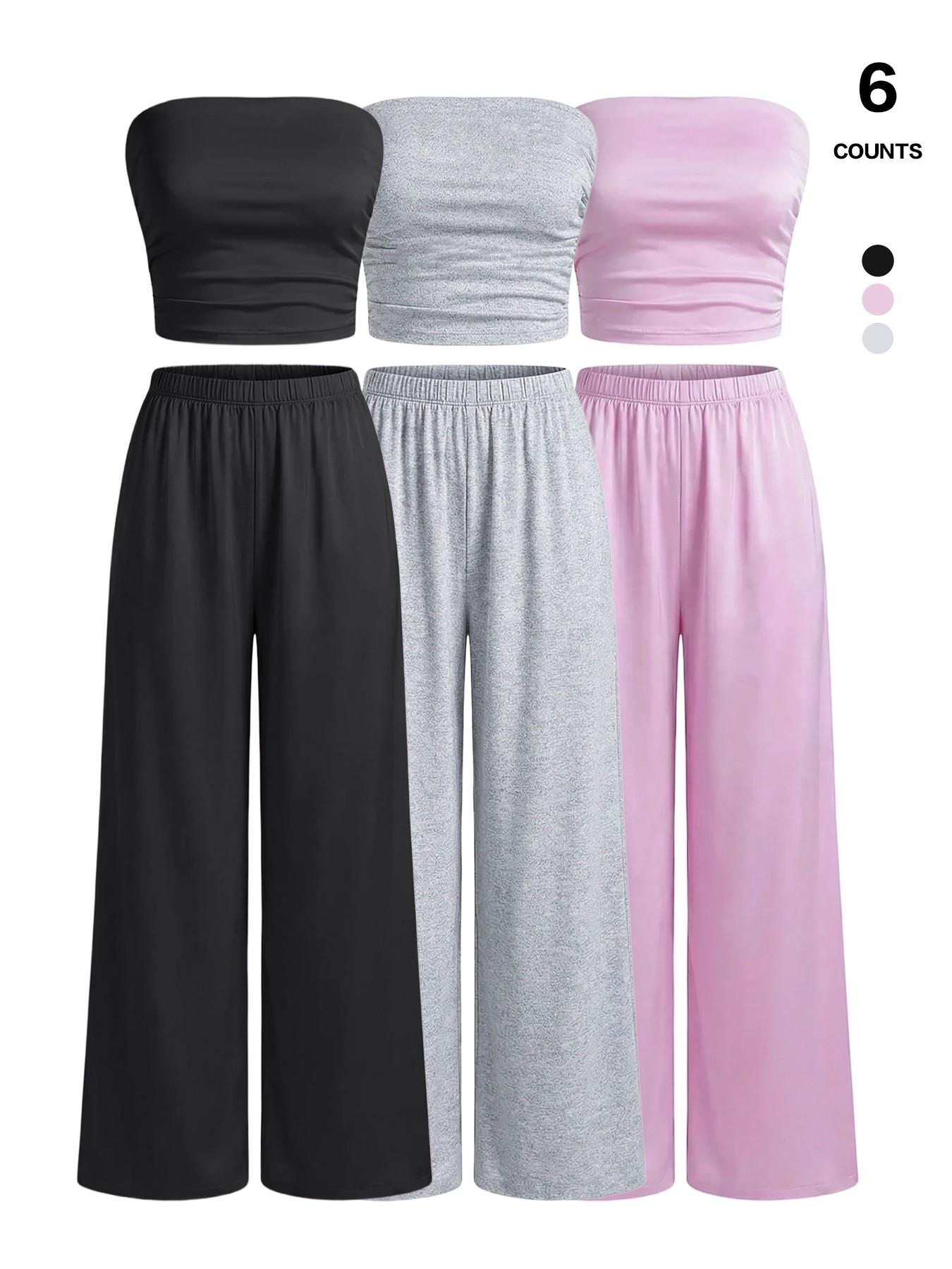Women's 2 Piece Knit Lounge Set Strapless Tube Top and High Waisted Wide Leg Pants Casual Sweatsuit