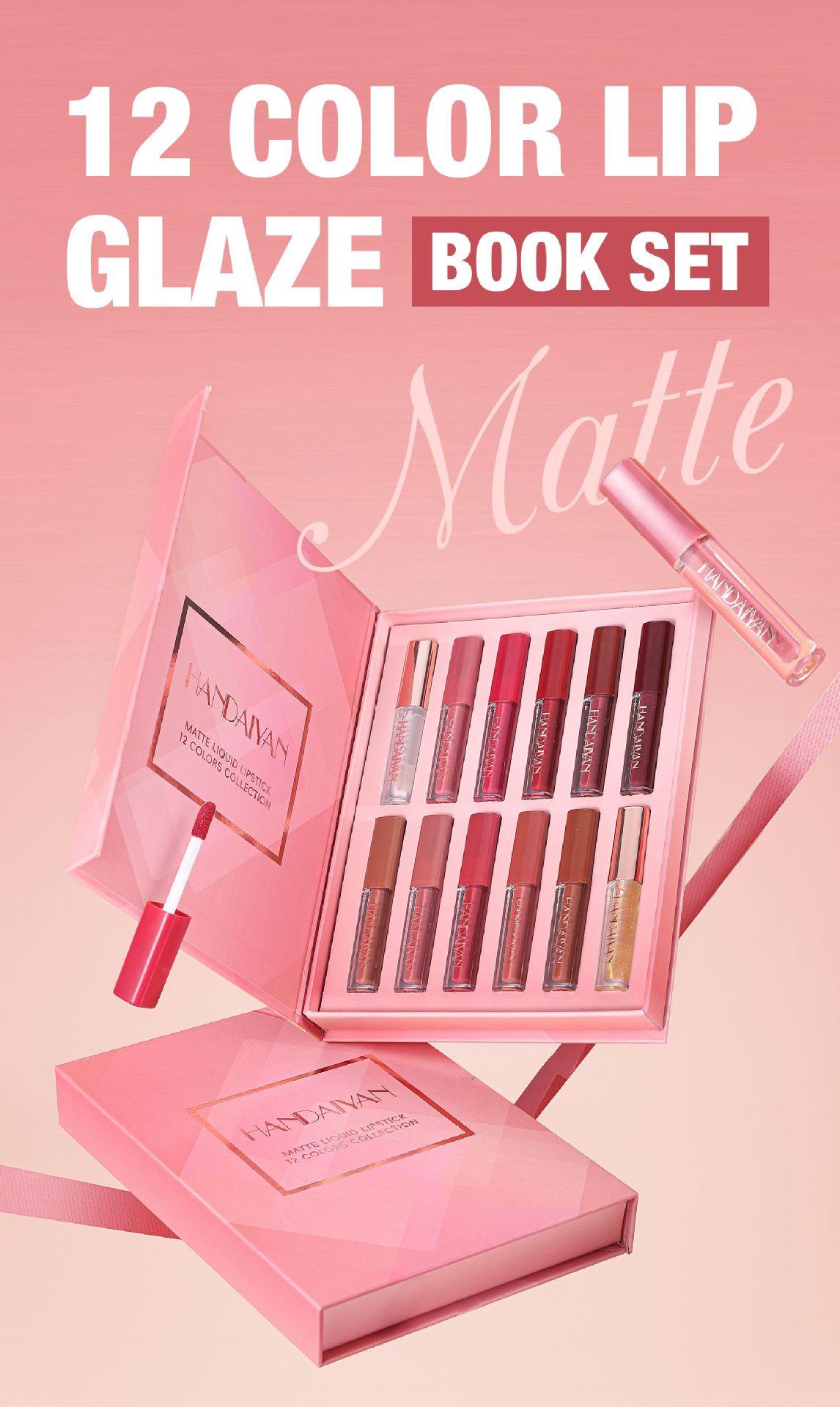 HANDAIYAN 12 Pcs Matte Liquid Lipstick Book Gift Set - Long Lasting Waterproof Velvet Lip Gloss Pack for Women