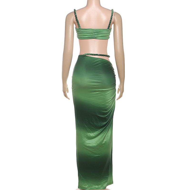 DOUCIU Multicolor Summer Beach Vacation Cool Light Sexy Hot Thin Women's Twisted Spaghetti Strap Vest Skirt Two-Piece Set, Lady Clothes, Plain Skirt Set