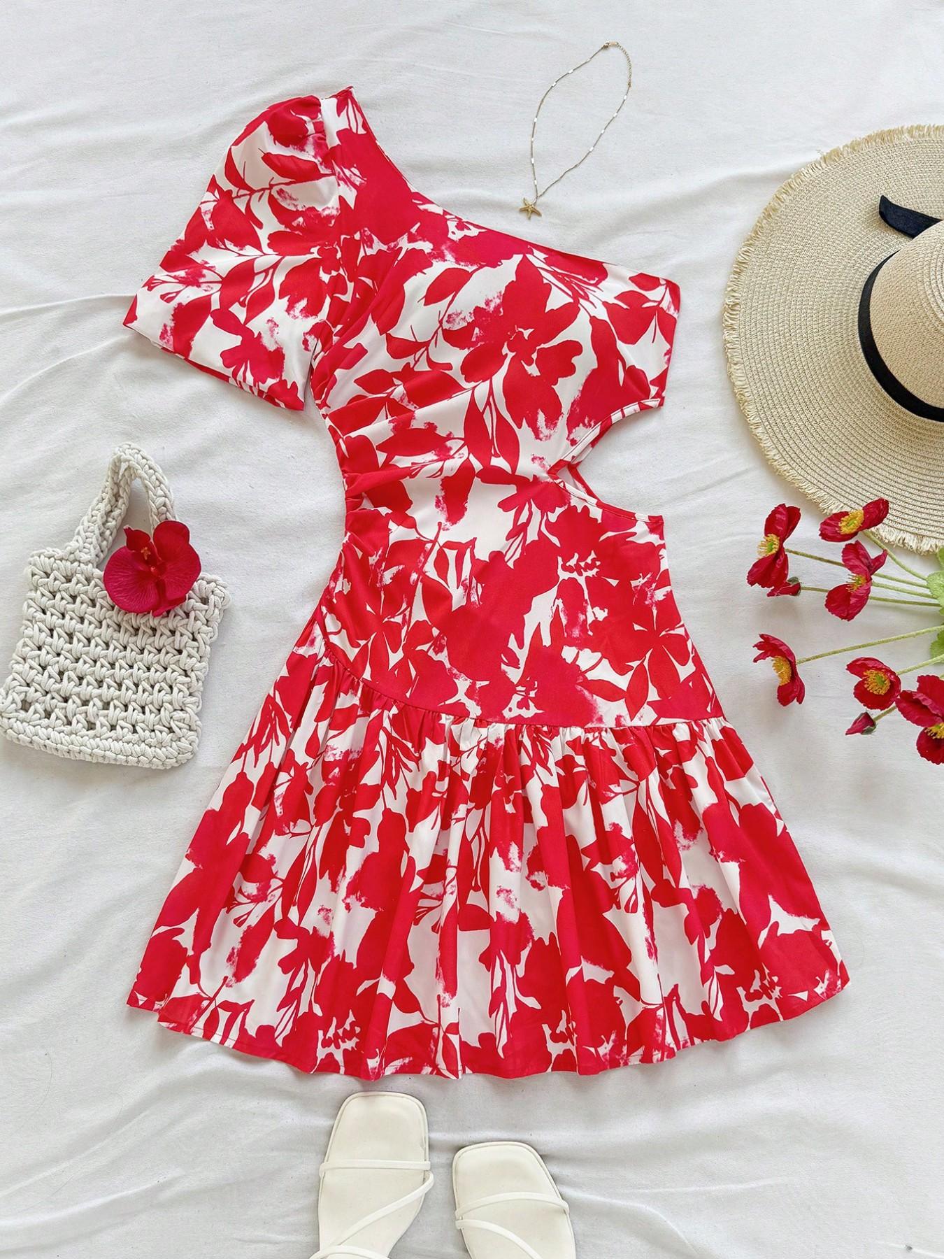 Women's Asymmetrical Neckline Bubble Sleeve Mini Dress, Hollow Waist Floral Print Summer Dress, One Shoulder Vacation Dress