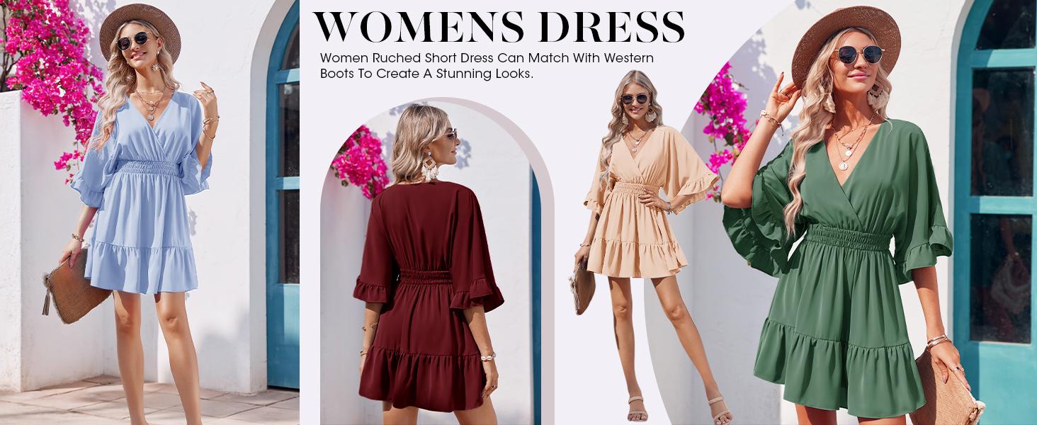 Wenrine Women‘s V Neck Casual Dresses Summer Loose High Waist Ruffle Pleated Cute Mini Short Dress