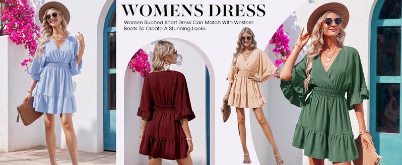 Wenrine Women‘s V Neck Casual Dresses Summer Loose High Waist Ruffle Pleated Cute Mini Short Dress
