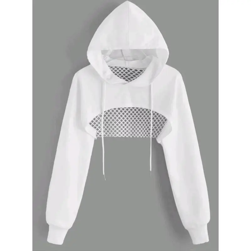 Women's Super Crop Hoodie Sweatshirt, Long Sleeve Hollow Out Drop Shoulder Top with Drawstring, Athleisure Activewear Streetwear for Fitness & Daily Outfits