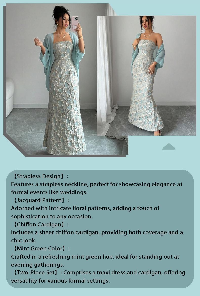 Women's 2 Piece Formal Dress Set, Strapless Jacquard Maxi Dress with Sheer Chiffon Cardigan, Elegant Mint Green Evening Gown for Wedding Guest, Cocktail Party, Evening Party Dresses, Evening Formal Wear