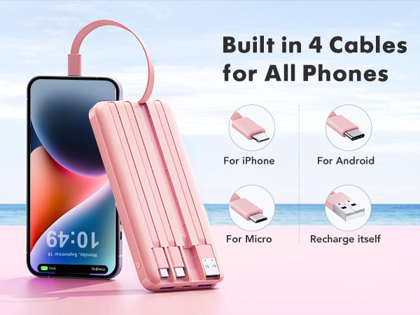 Charmast 10000mAh Slim Portable Charger with Built-in Cables – 6 Outputs & 3 Inputs, 3A Fast Charging Power Bank for iPhone, Android Phones, Tablets, and More Electronic Smartphone