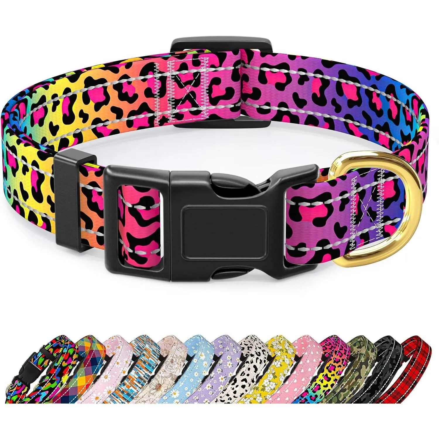 Reflective Adjustable Dog Collar for Medium Dogs, Leopard Neon